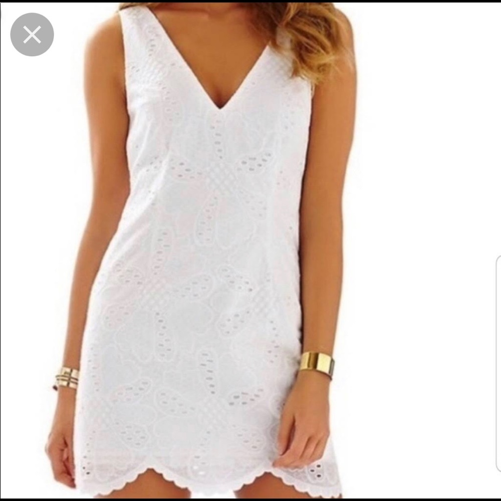 White Lilly Pulitzer Madden Scallop Hem V Neck Eyelet Dress